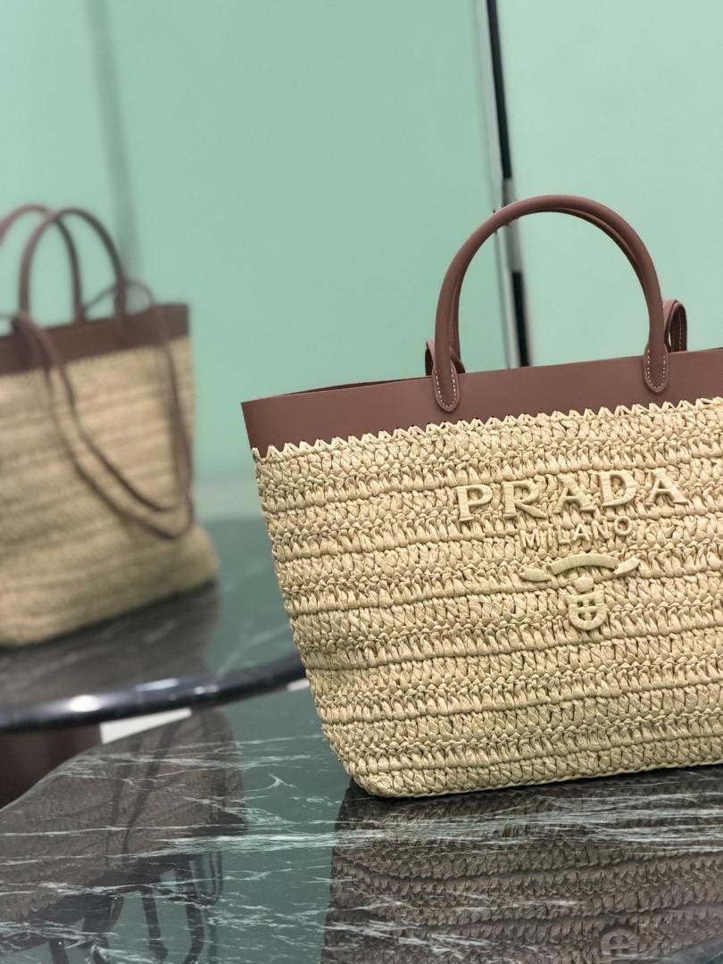 Prada Medium crochet and leather tote bag 1BG499 Brown