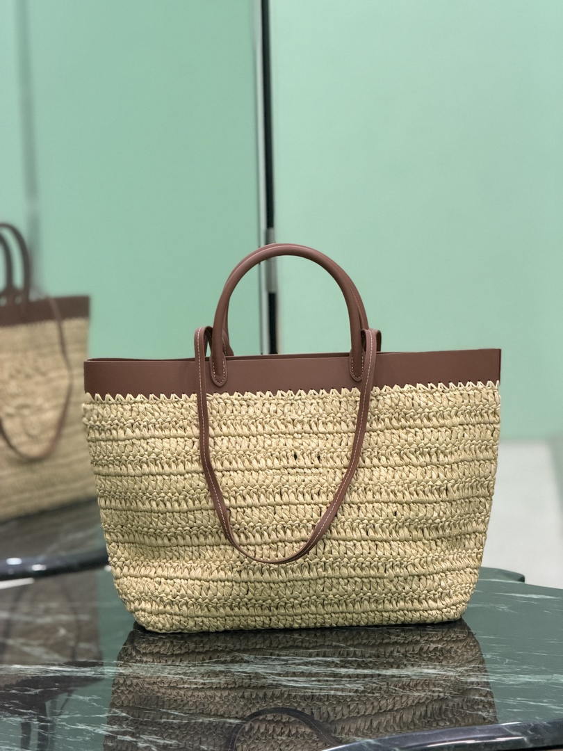 Prada Medium crochet and leather tote bag 1BG499 Brown