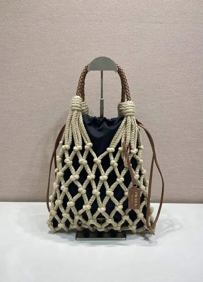 Prada Nou¨¦ medium cotton macram¨¦ bag 1BC111 Black