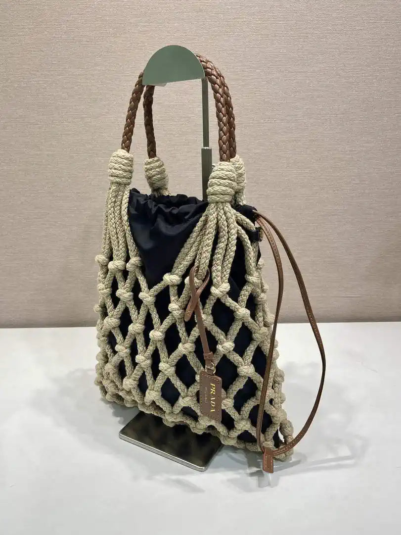 Prada Nou¨¦ medium cotton macram¨¦ bag 1BC111 Black