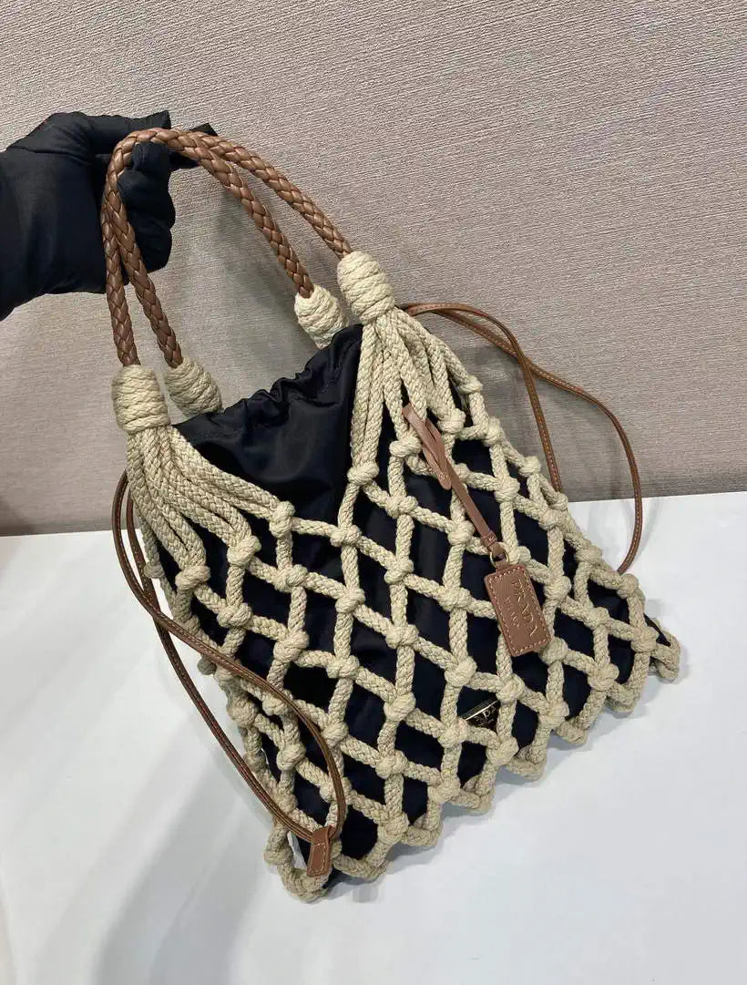 Prada Nou¨¦ medium cotton macram¨¦ bag 1BC111 Black