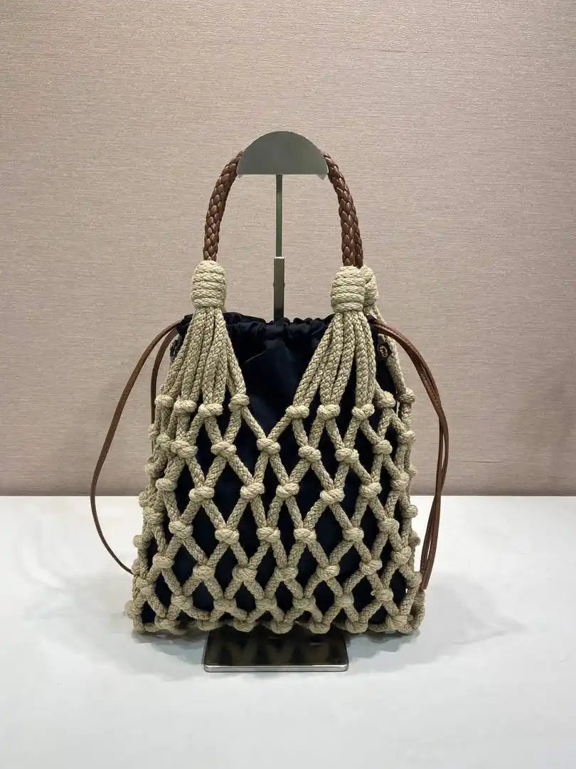 Prada Nou¨¦ medium cotton macram¨¦ bag 1BC111 Black