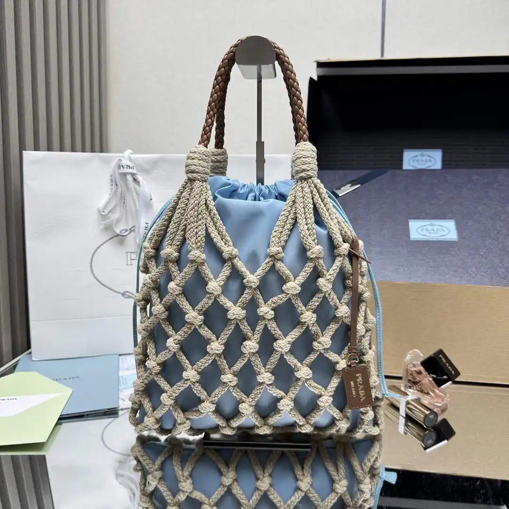 Prada Nou¨¦ medium cotton macram¨¦ bag 1BC111 Blue