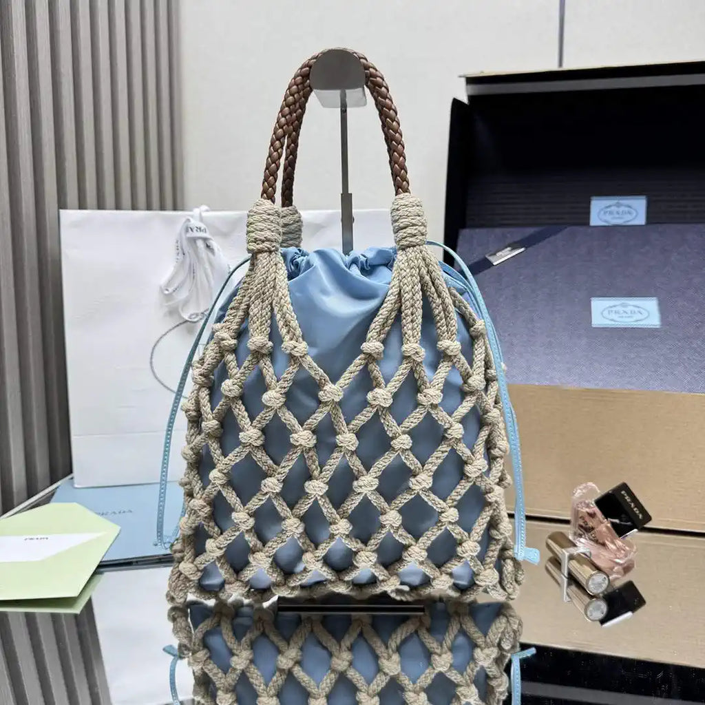 Prada Nou¨¦ medium cotton macram¨¦ bag 1BC111 Blue