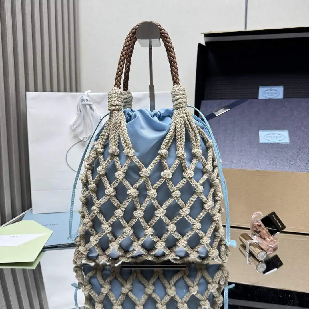 Prada Nou¨¦ medium cotton macram¨¦ bag 1BC111 Blue