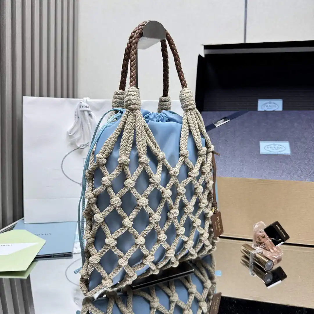 Prada Nou¨¦ medium cotton macram¨¦ bag 1BC111 Blue