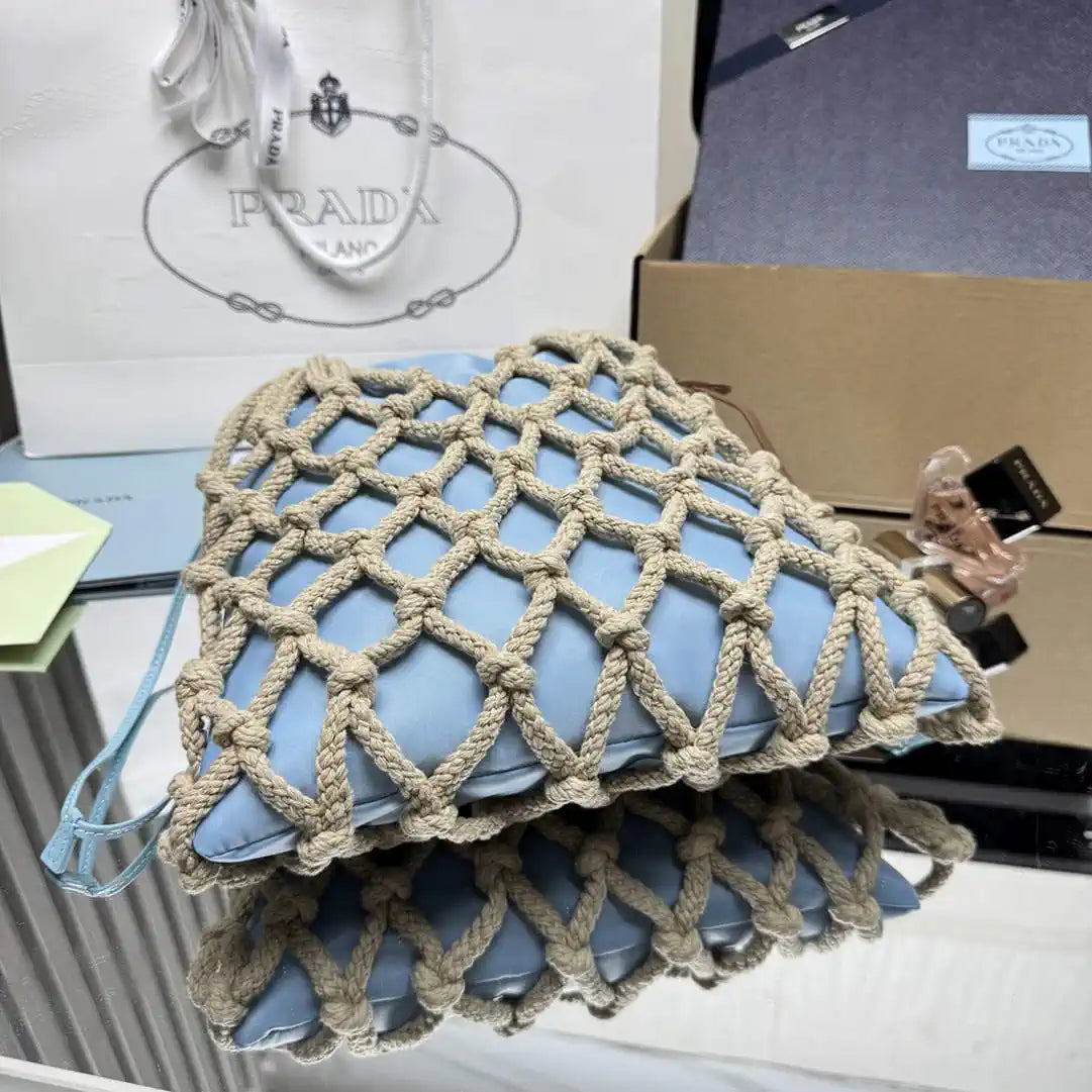 Prada Nou¨¦ medium cotton macram¨¦ bag 1BC111 Blue