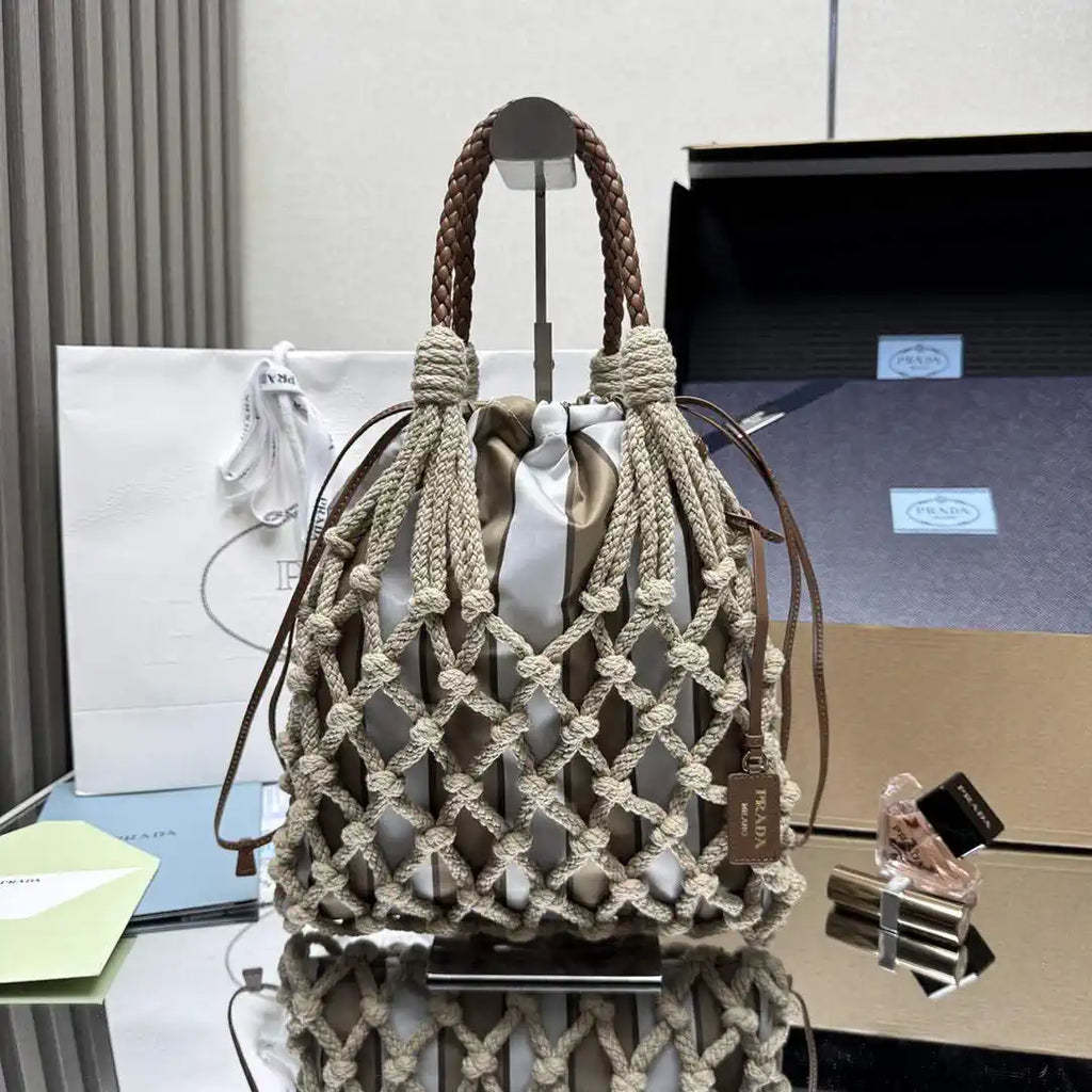 Prada Nou¨¦ medium cotton macram¨¦ bag 1BC111 Gray