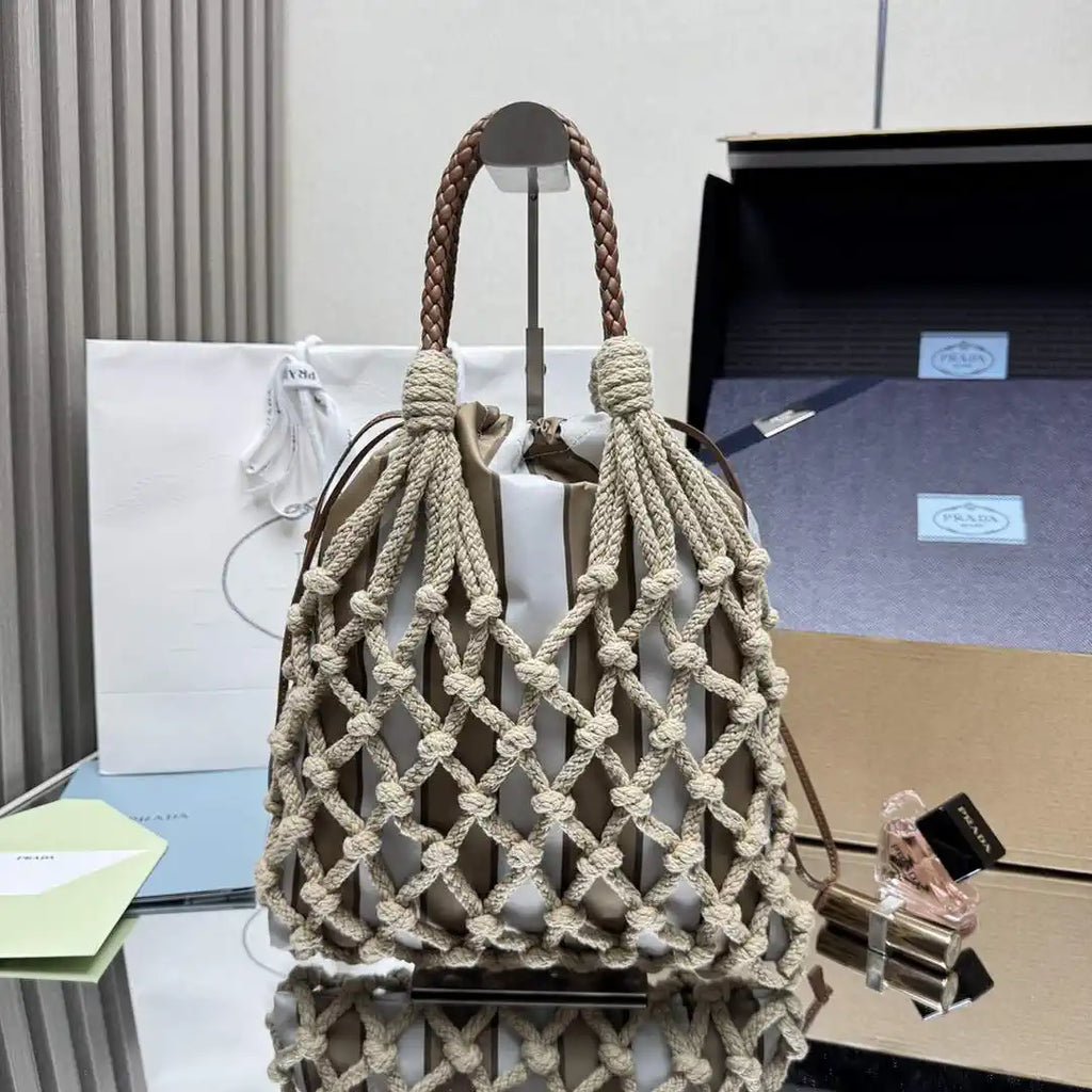 Prada Nou¨¦ medium cotton macram¨¦ bag 1BC111 Gray