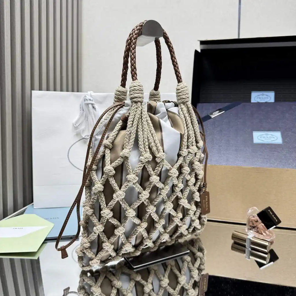 Prada Nou¨¦ medium cotton macram¨¦ bag 1BC111 Gray