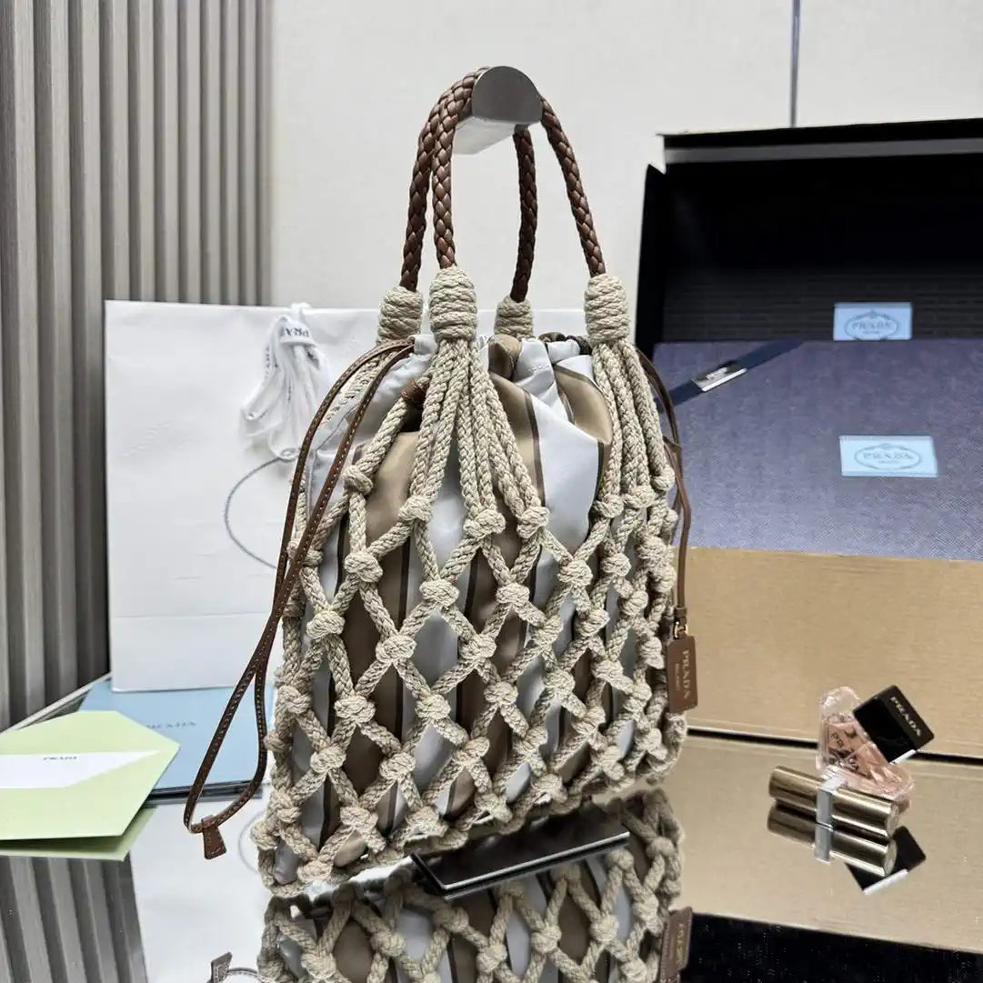 Prada Nou¨¦ medium cotton macram¨¦ bag 1BC111 Gray