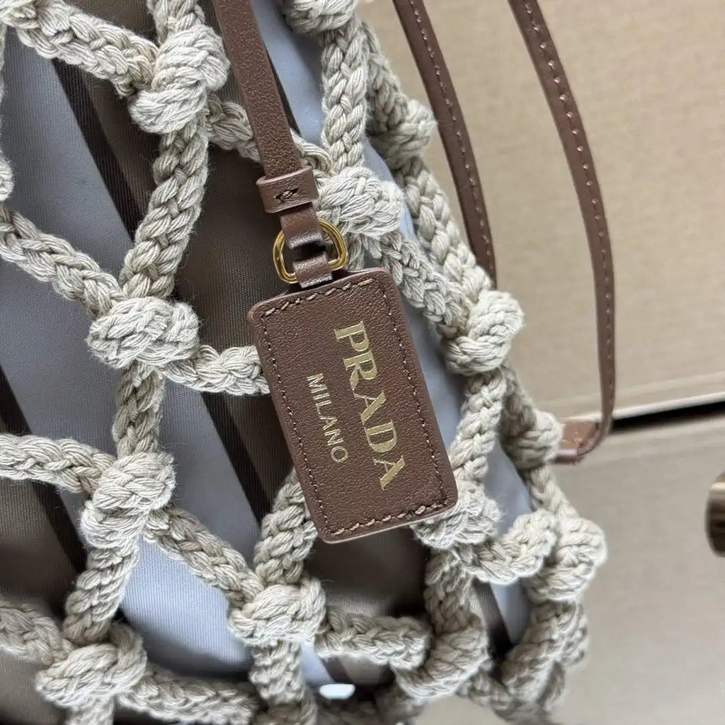 Prada Nou¨¦ medium cotton macram¨¦ bag 1BC111 Gray