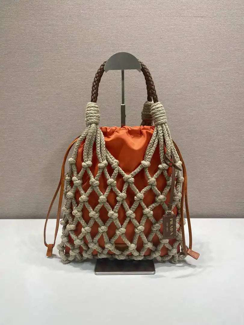 Prada Nou¨¦ medium cotton macram¨¦ bag 1BC111 Orange