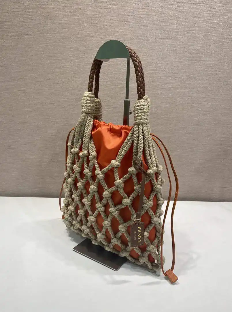 Prada Nou¨¦ medium cotton macram¨¦ bag 1BC111 Orange
