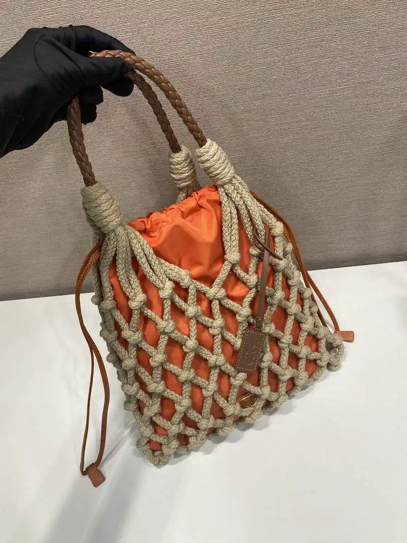 Prada Nou¨¦ medium cotton macram¨¦ bag 1BC111 Orange