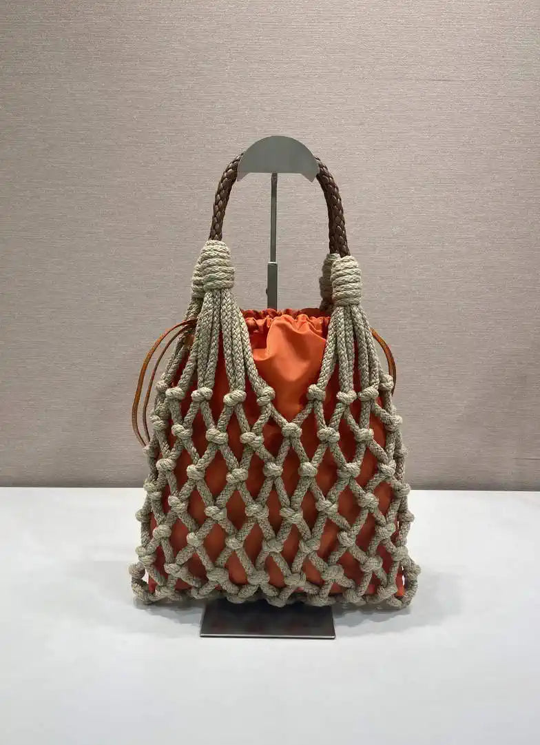 Prada Nou¨¦ medium cotton macram¨¦ bag 1BC111 Orange