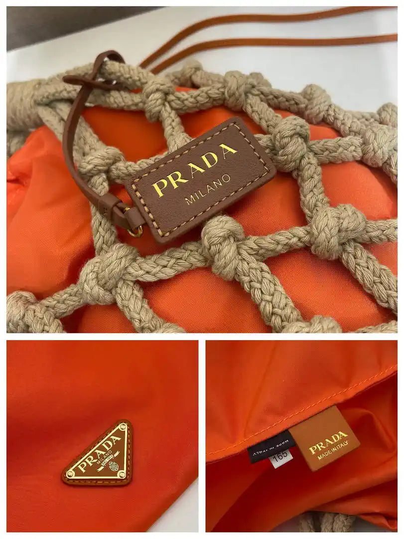 Prada Nou¨¦ medium cotton macram¨¦ bag 1BC111 Orange