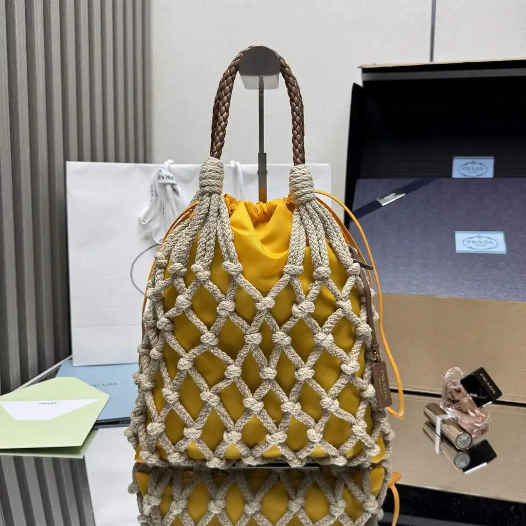 Prada Nou¨¦ medium cotton macram¨¦ bag 1BC111 Yellow