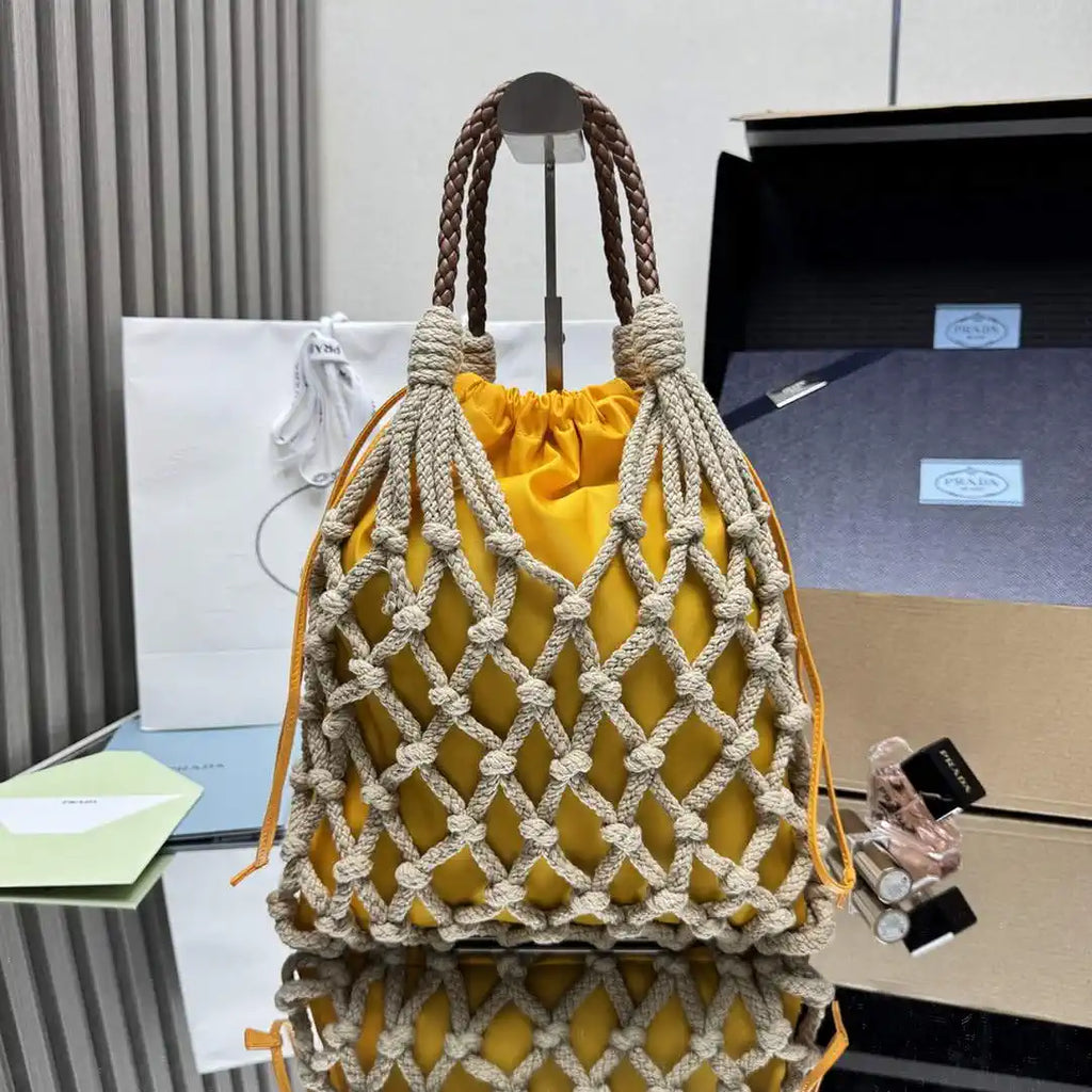 Prada Nou¨¦ medium cotton macram¨¦ bag 1BC111 Yellow
