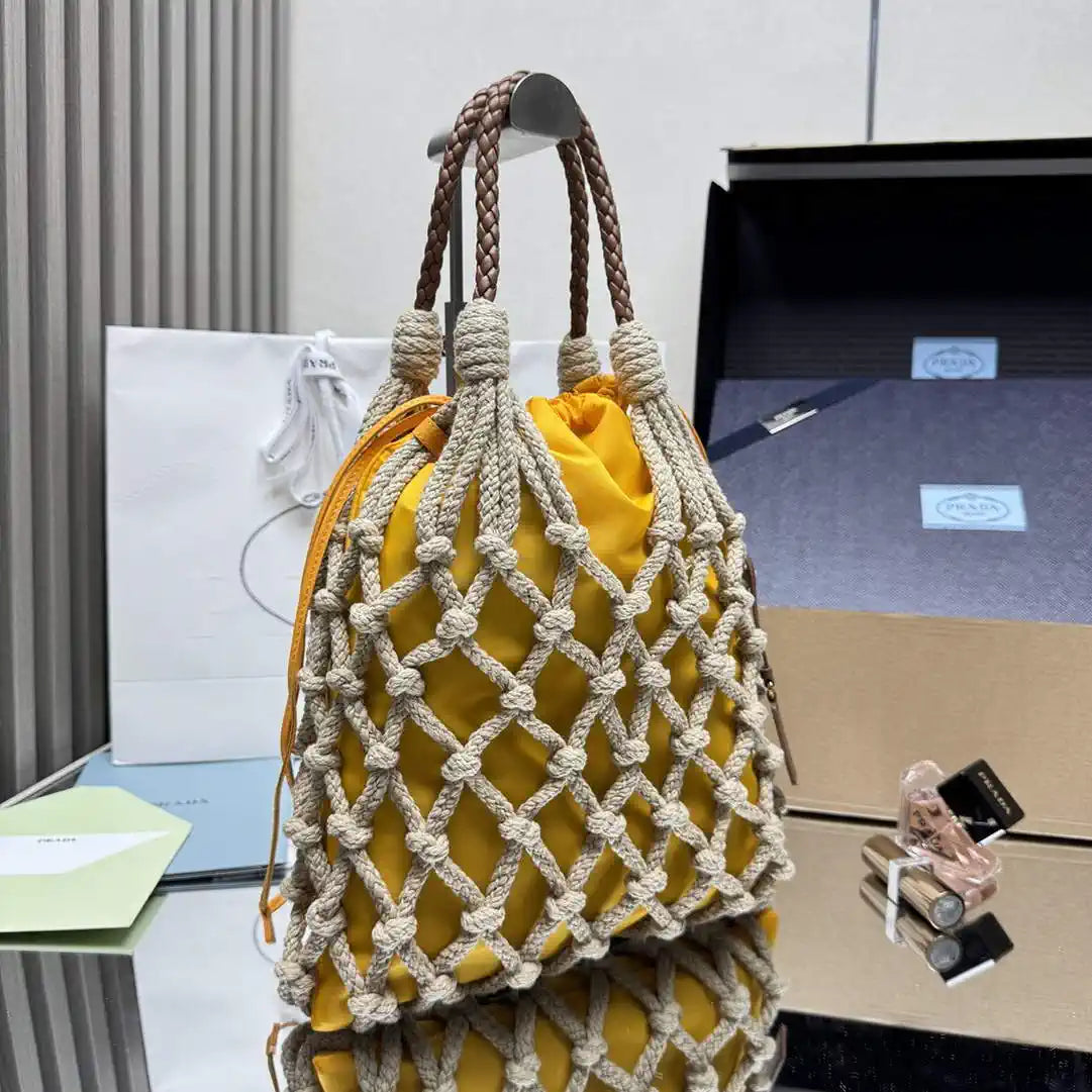 Prada Nou¨¦ medium cotton macram¨¦ bag 1BC111 Yellow