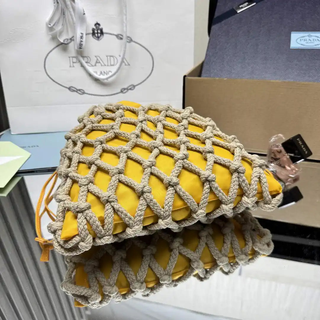 Prada Nou¨¦ medium cotton macram¨¦ bag 1BC111 Yellow