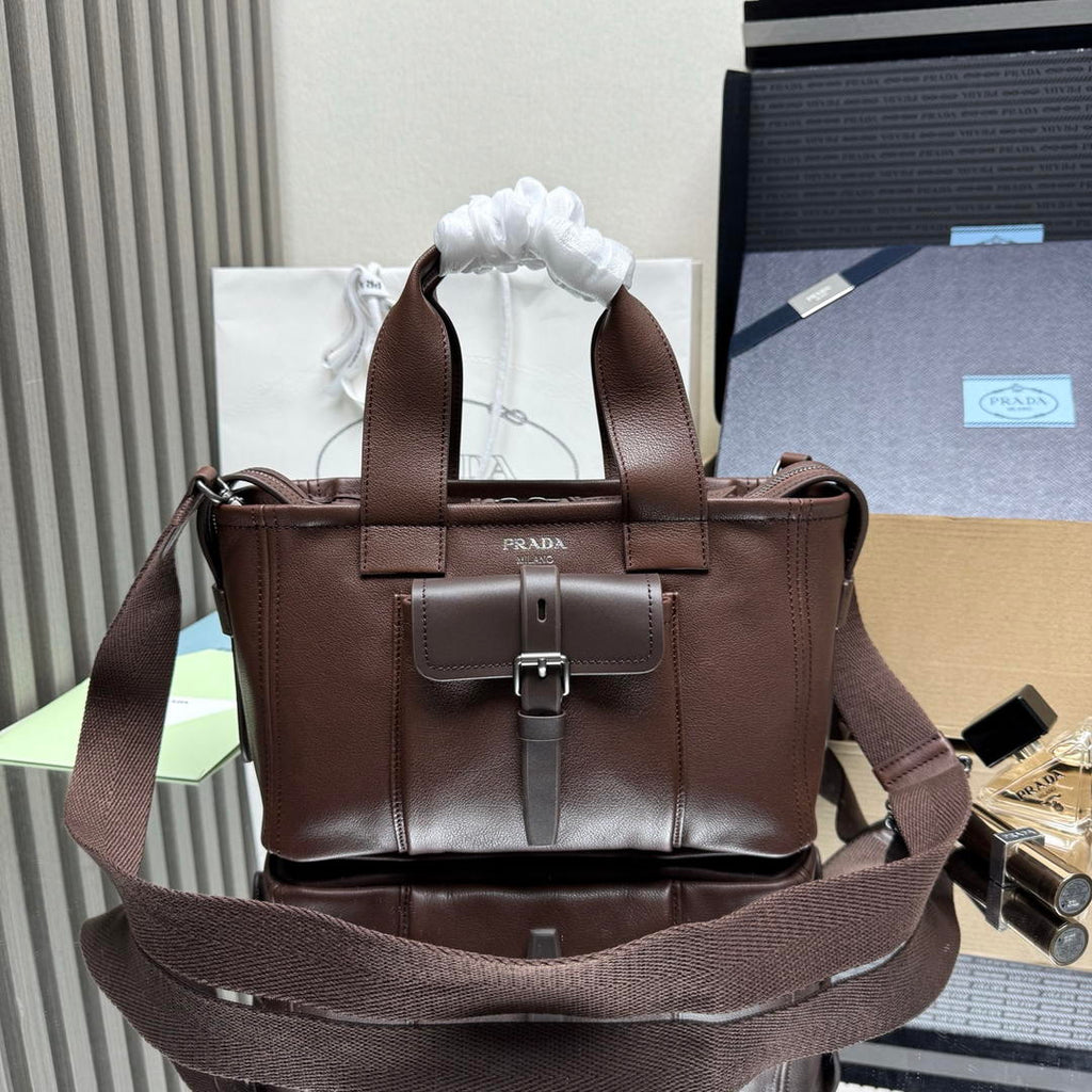 Prada Route medium leather tote bag 1BG660 Dark Brown