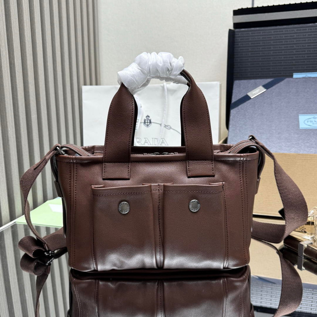 Prada Route medium leather tote bag 1BG660 Dark Brown