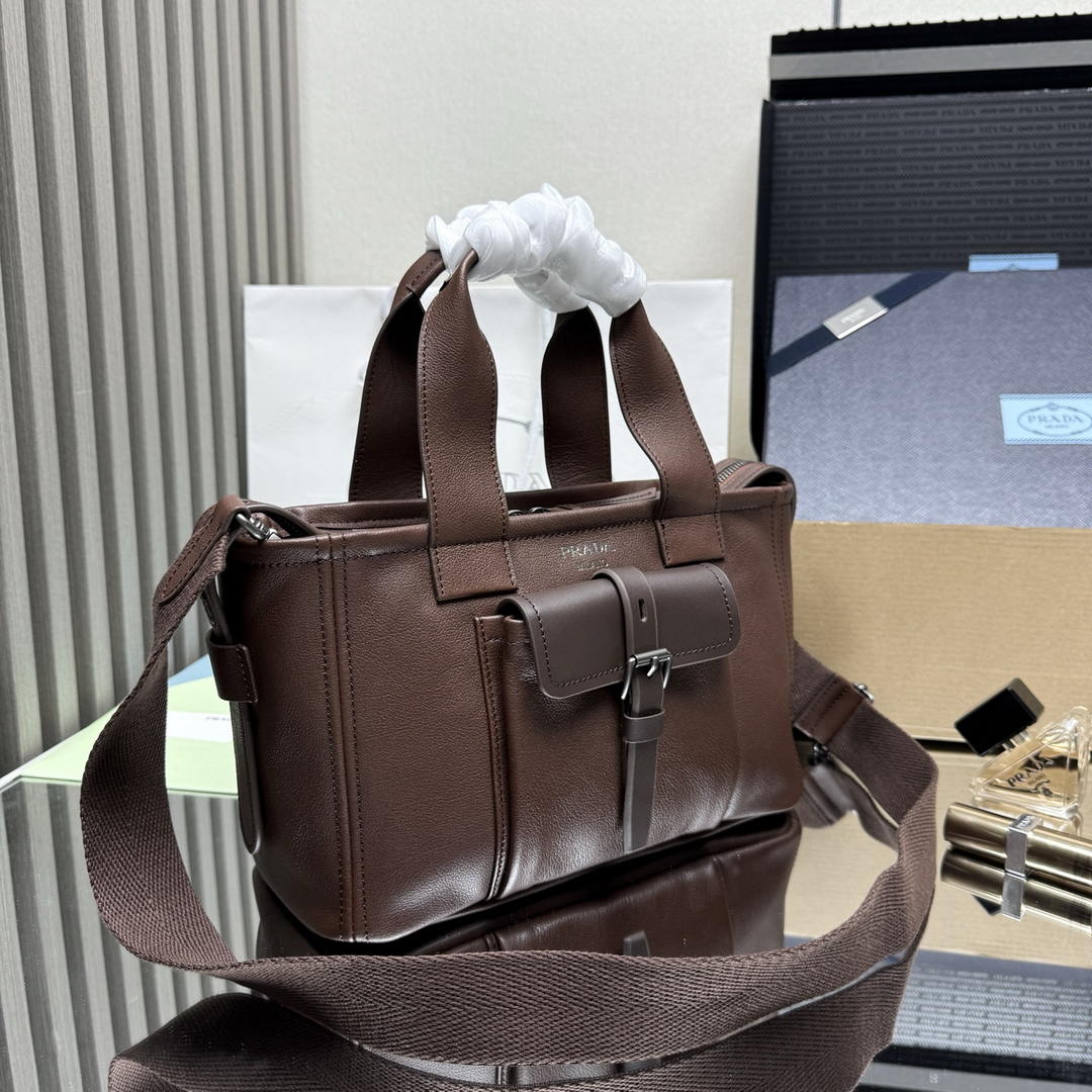 Prada Route medium leather tote bag 1BG660 Dark Brown