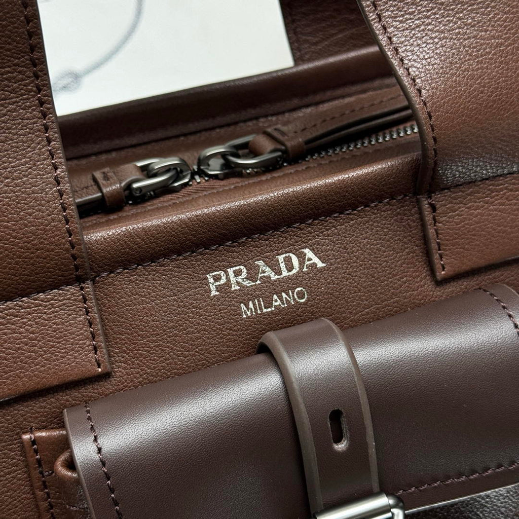 Prada Route medium leather tote bag 1BG660 Dark Brown