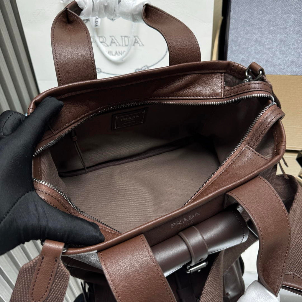 Prada Route medium leather tote bag 1BG660 Dark Brown