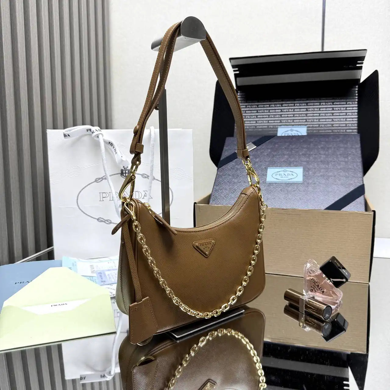 Prada Re-Edition Saffiano leather mini-bag 1BC204 Brown