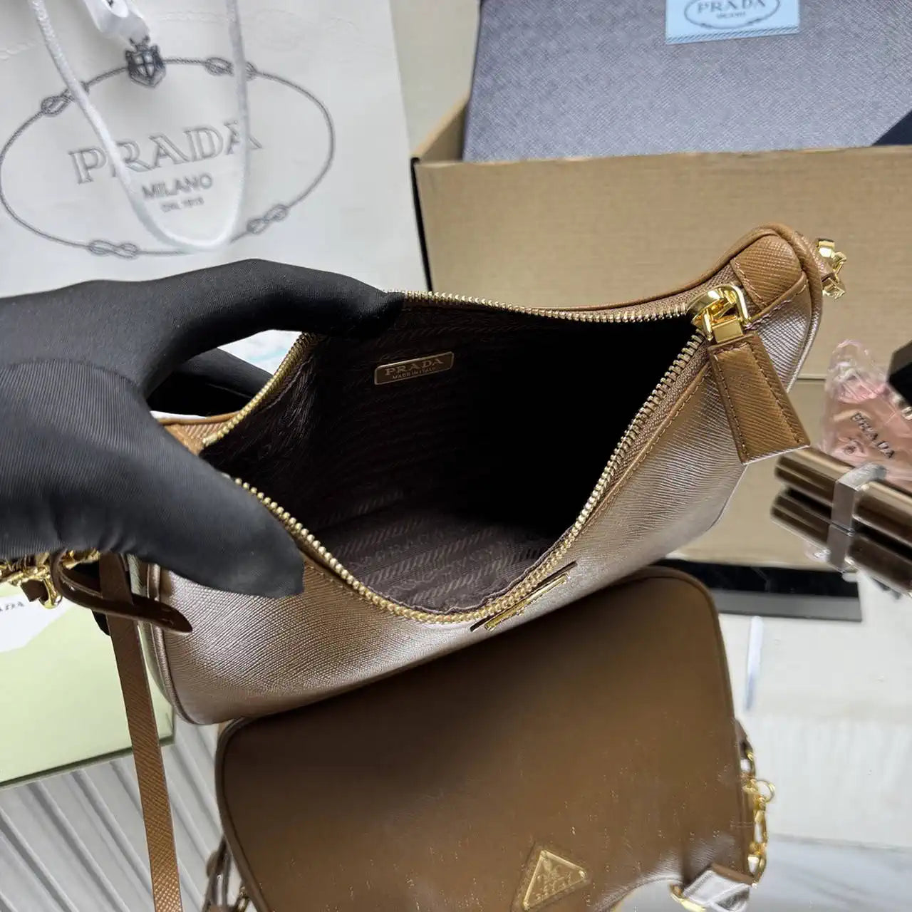 Prada Re-Edition Saffiano leather mini-bag 1BC204 Brown