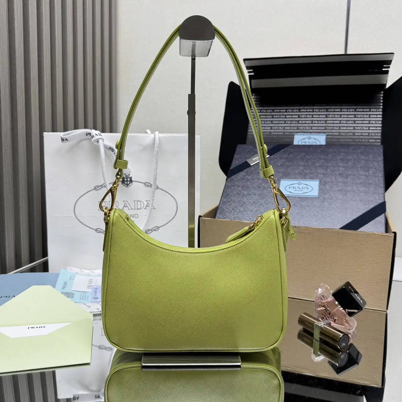 Prada Re-Edition Saffiano leather mini-bag 1BC204 Lemon Green