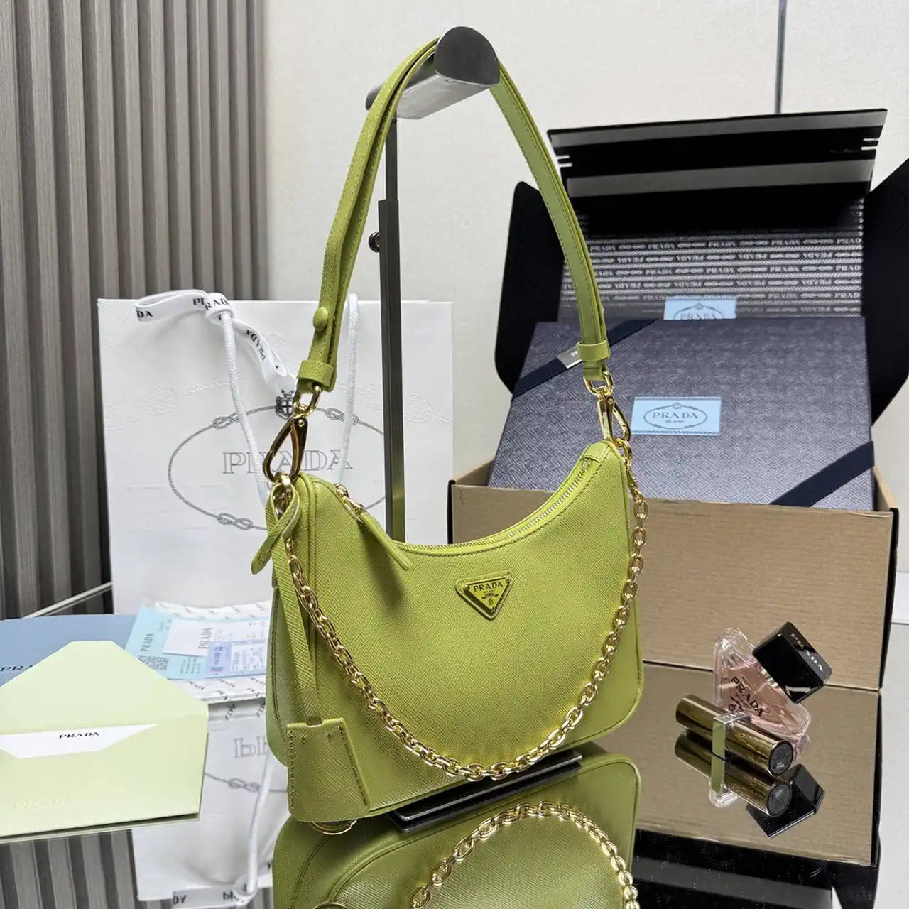 Prada Re-Edition Saffiano leather mini-bag 1BC204 Lemon Green