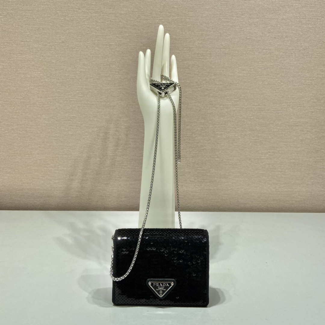 Prada sequins-studded card holder with shoulder strap 1MR024 Black - Default Title - View 1