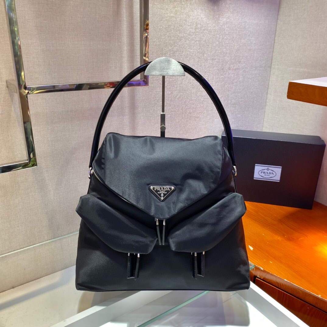Prada Signaux Nylon and Leather Hobo Bag 1BC160 Black