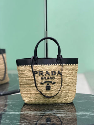 Prada Small crochet and leather tote bag 1BG500 Black - Default Title - View 1