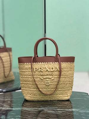 Prada Small crochet and leather tote bag 1BG500 Brown - Default Title - View 1