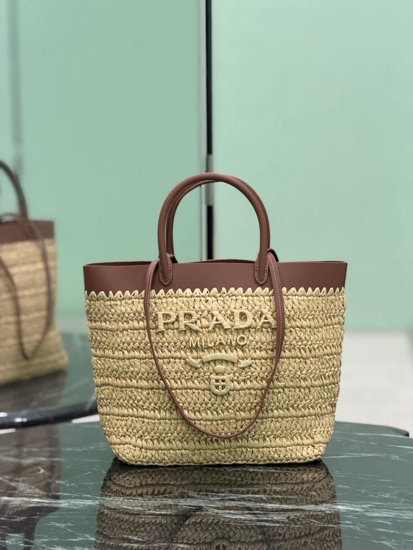 Prada Small crochet and leather tote bag 1BG500 Brown