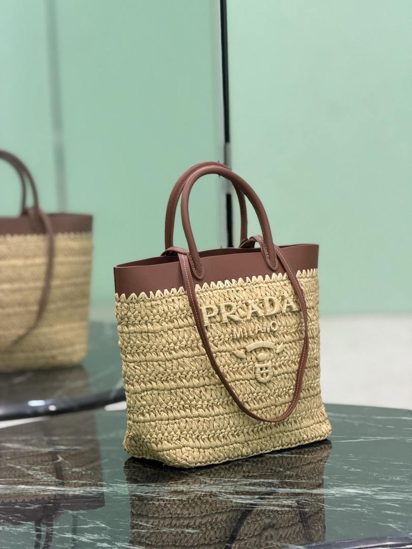 Prada Small crochet and leather tote bag 1BG500 Brown