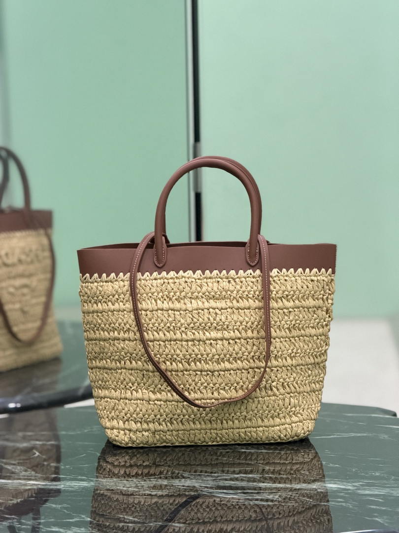 Prada Small crochet and leather tote bag 1BG500 Brown