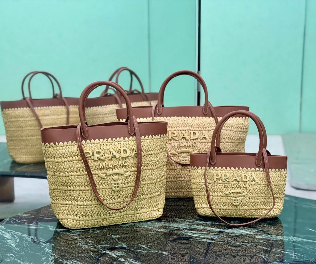 Prada Small crochet and leather tote bag 1BG500 Brown