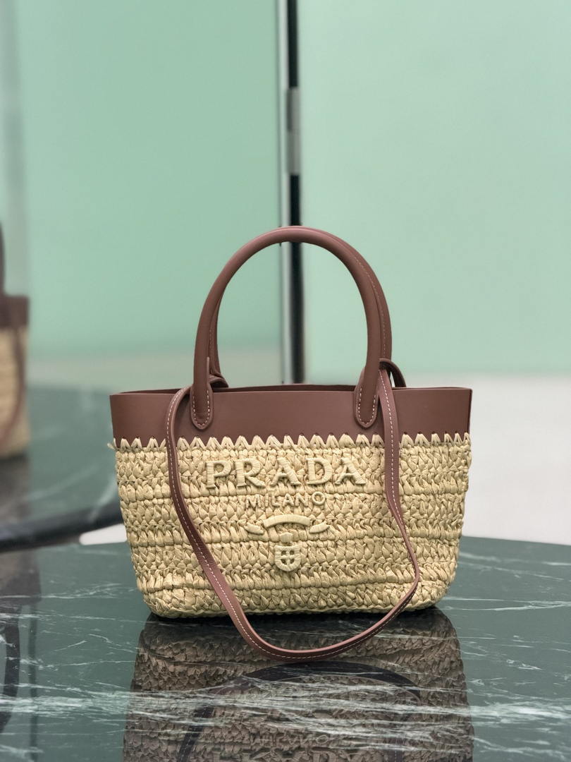 Prada Mini crochet and leather tote bag 1BG501 Brown