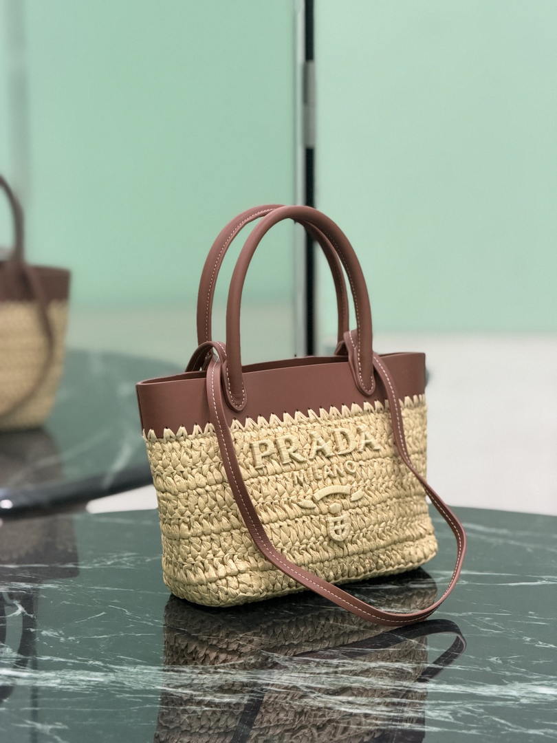 Prada Mini crochet and leather tote bag 1BG501 Brown