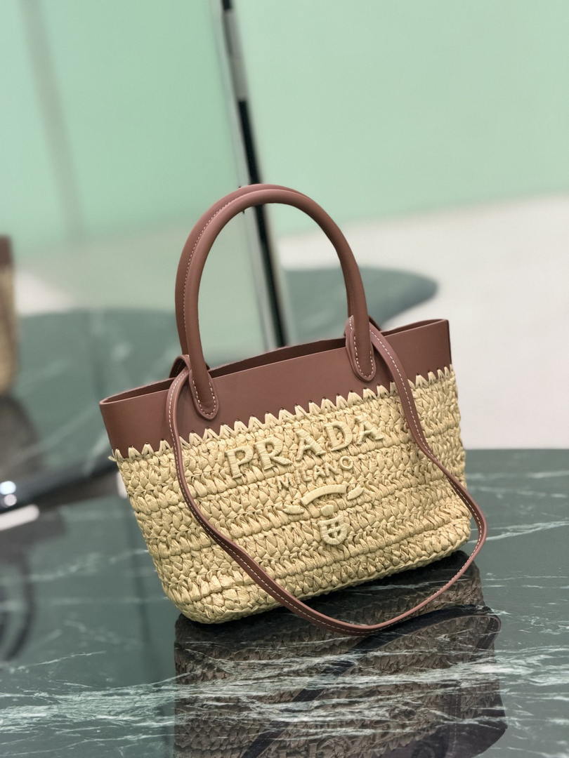 Prada Mini crochet and leather tote bag 1BG501 Brown