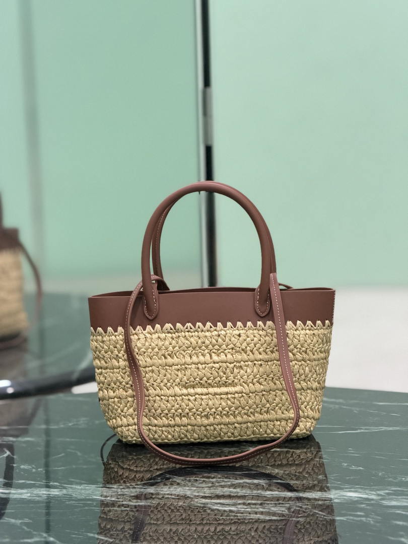 Prada Mini crochet and leather tote bag 1BG501 Brown