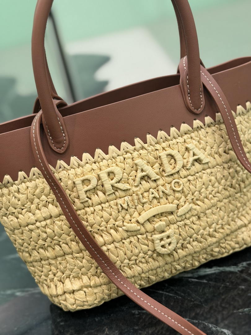 Prada Mini crochet and leather tote bag 1BG501 Brown