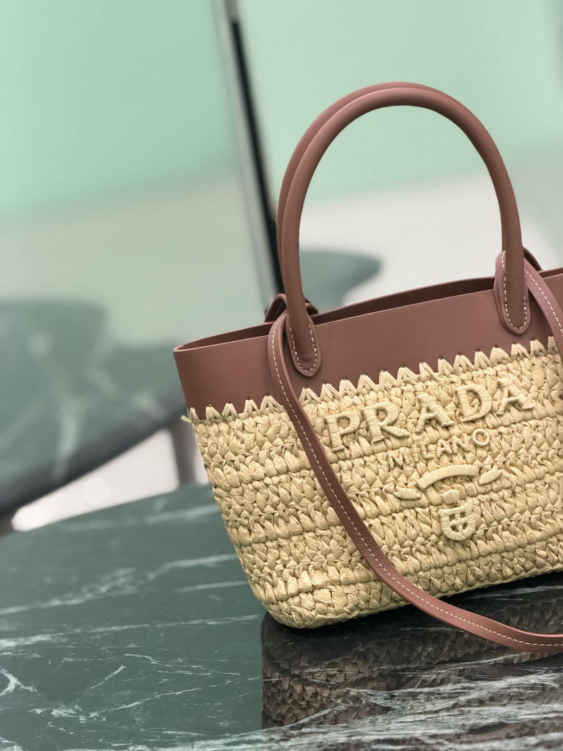 Prada Mini crochet and leather tote bag 1BG501 Brown