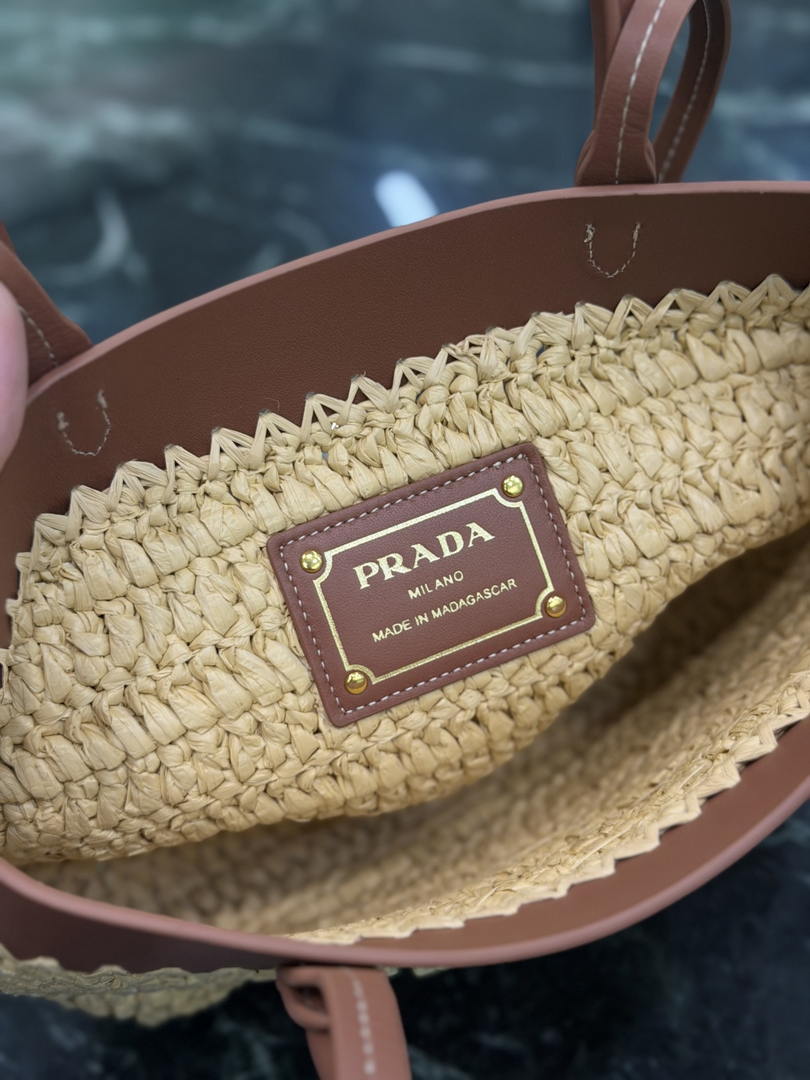 Prada Mini crochet and leather tote bag 1BG501 Brown