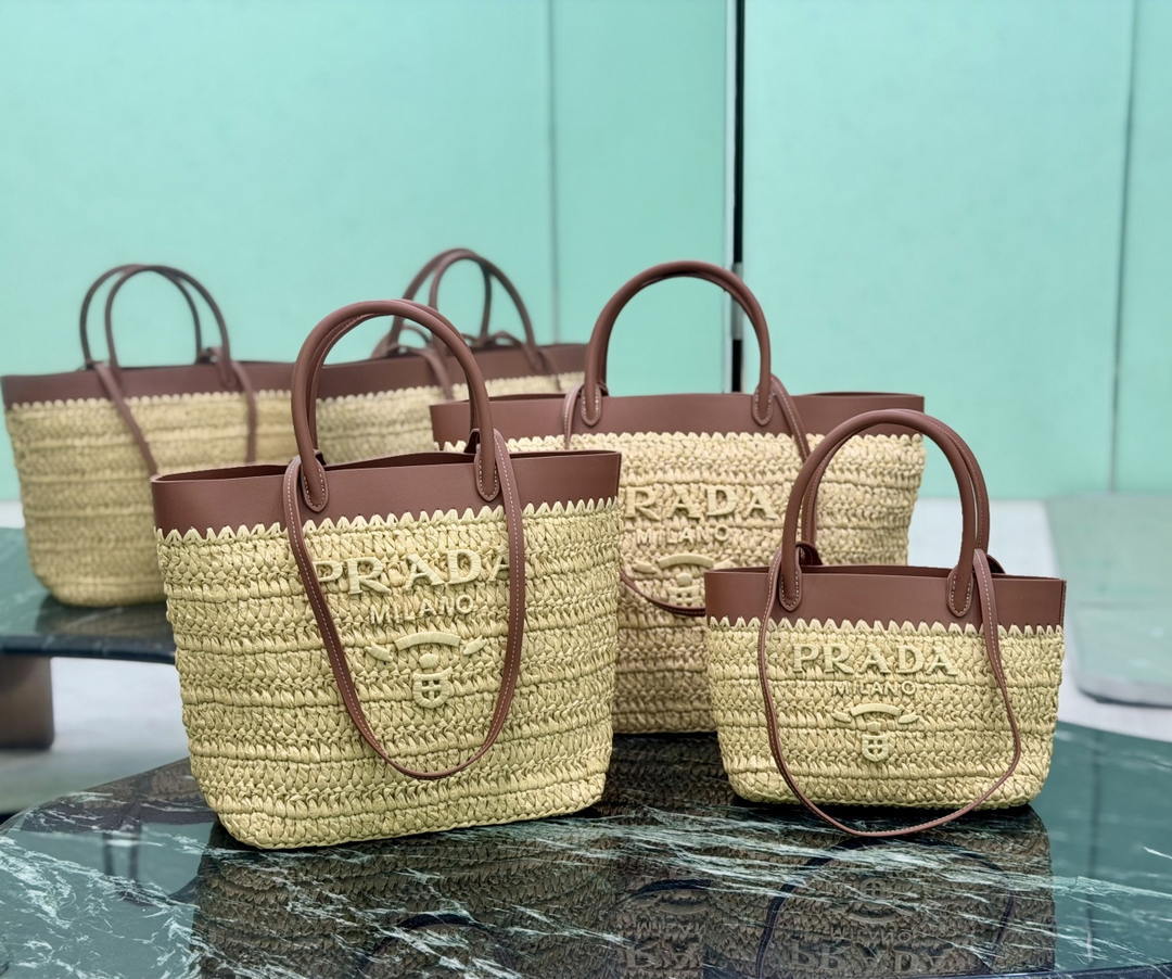Prada Mini crochet and leather tote bag 1BG501 Brown